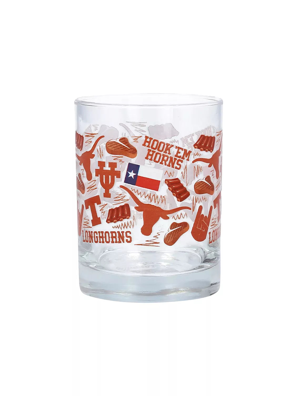 Clear University of Texas at Austin local rocks glass that features a Texas Longhorns-themed double-sided design. 