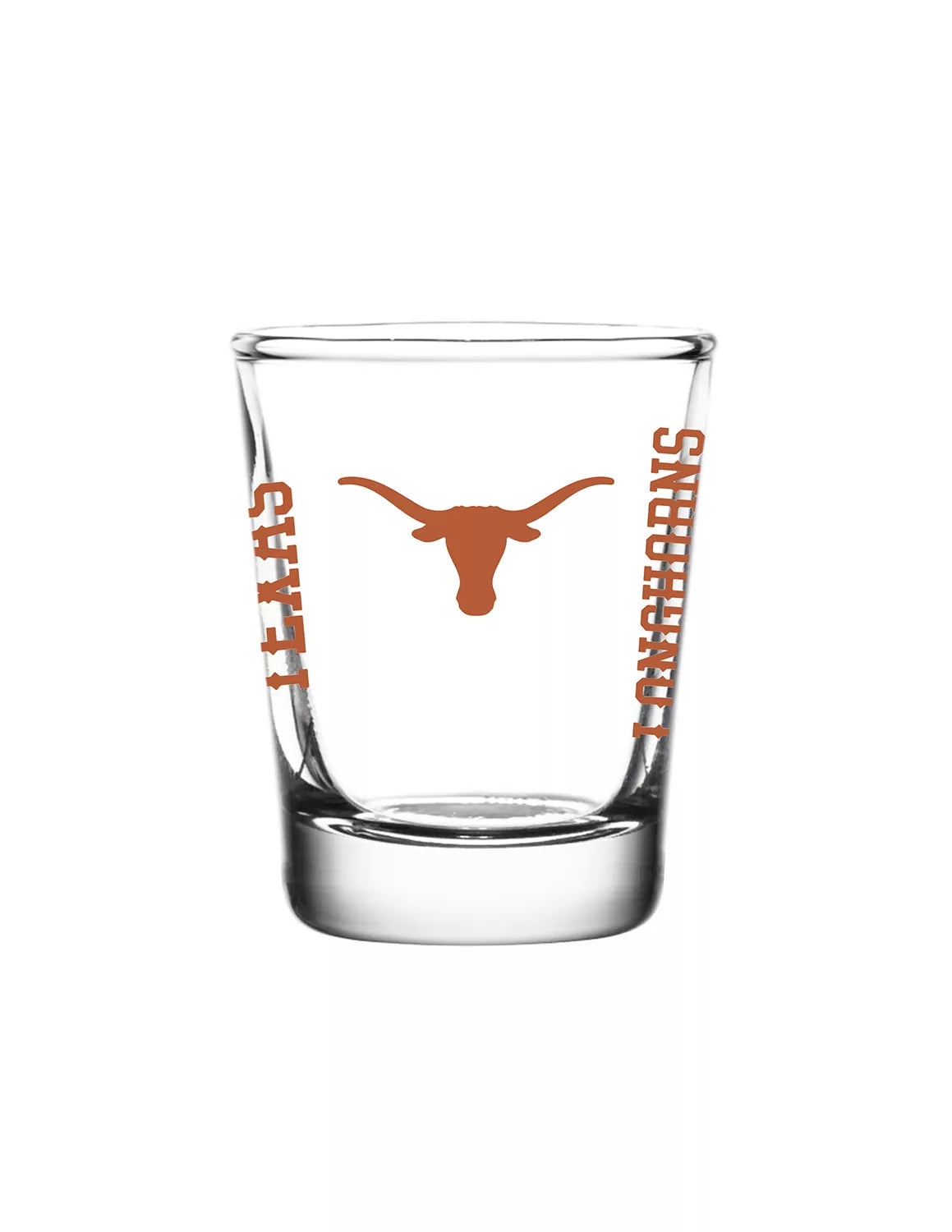 Clear University of Texas at Austin shot glass that features a Longhorn logo and burnt orange lettering. 
