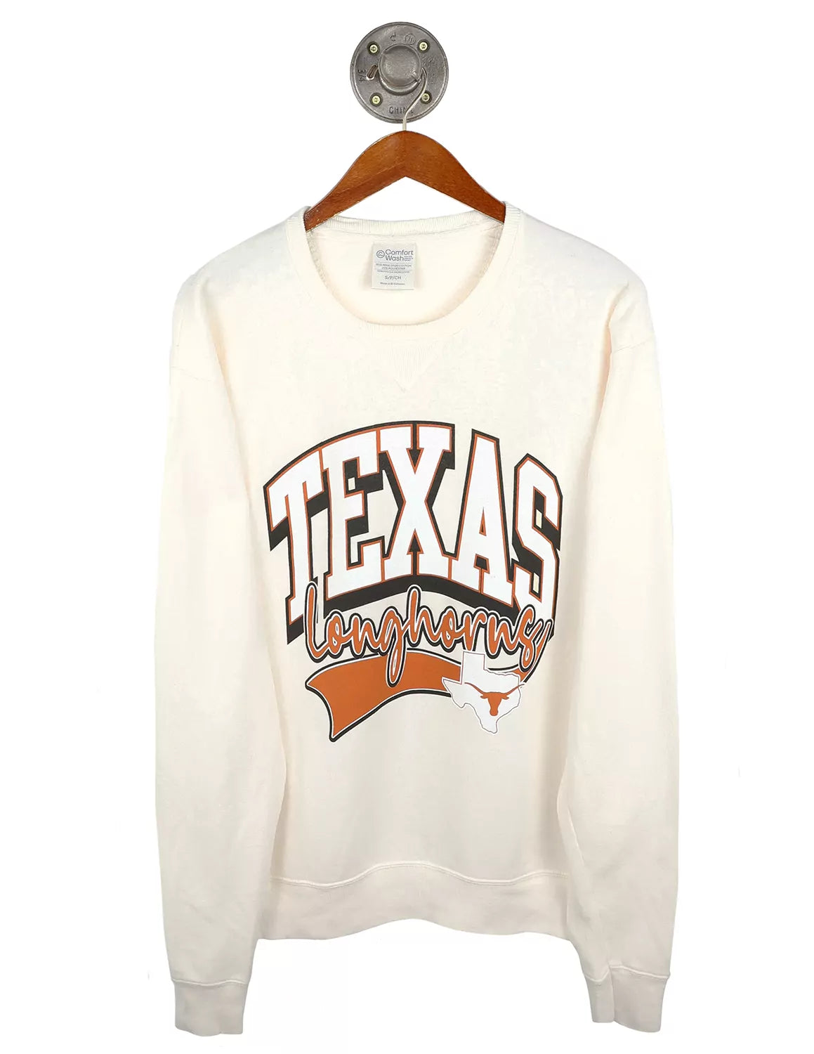 Cream University of Texas at Austin unisex crewneck sweatshirt with Texas Longhorn lettering and logo. 