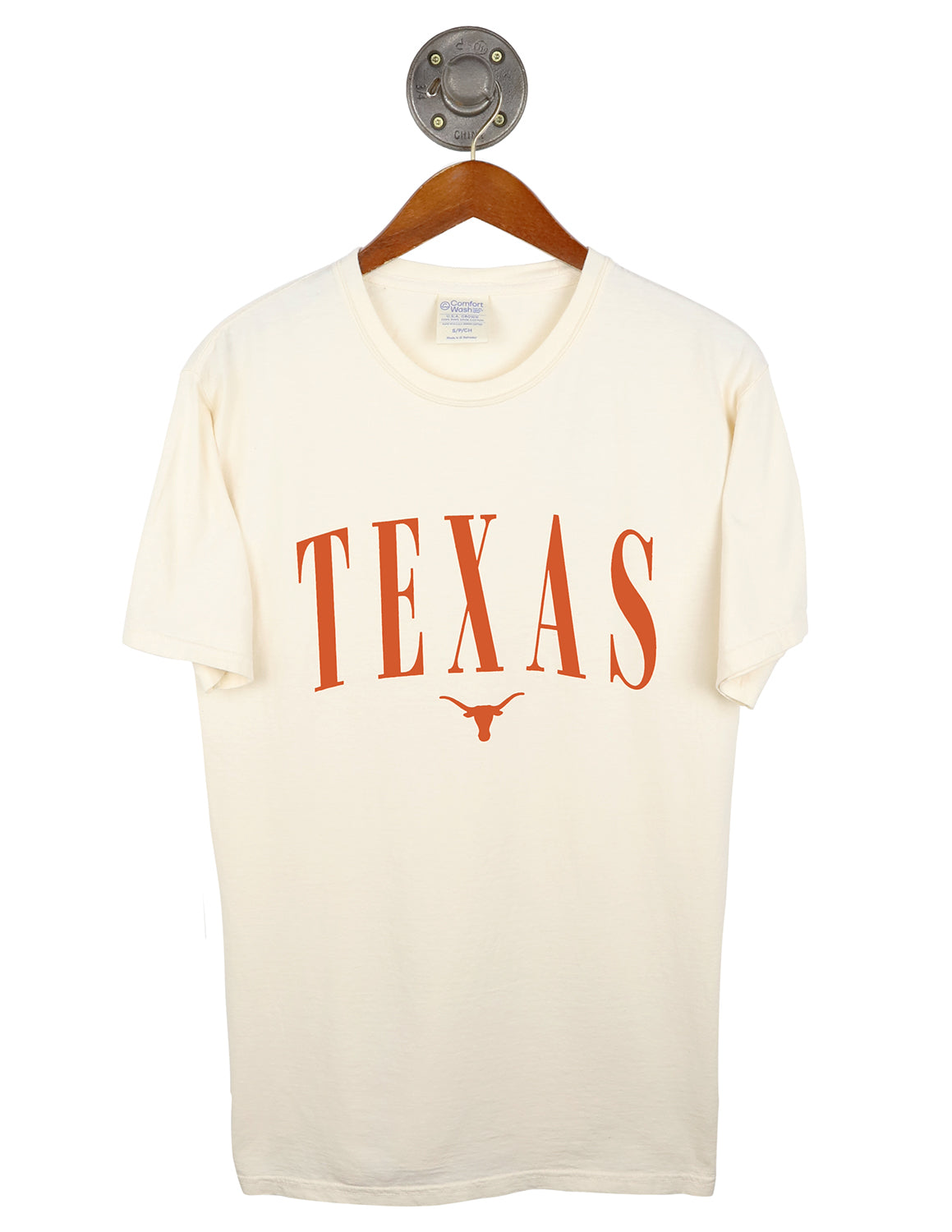 Cream University of Texas at Austin unisex t-shirt with burnt orange lettering. 