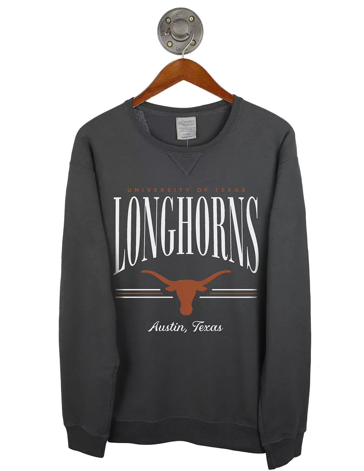 Dark grey unisex University of Texas at Austin crewneck sweatshirt with white and orange lettering and a Longhorn logo. 