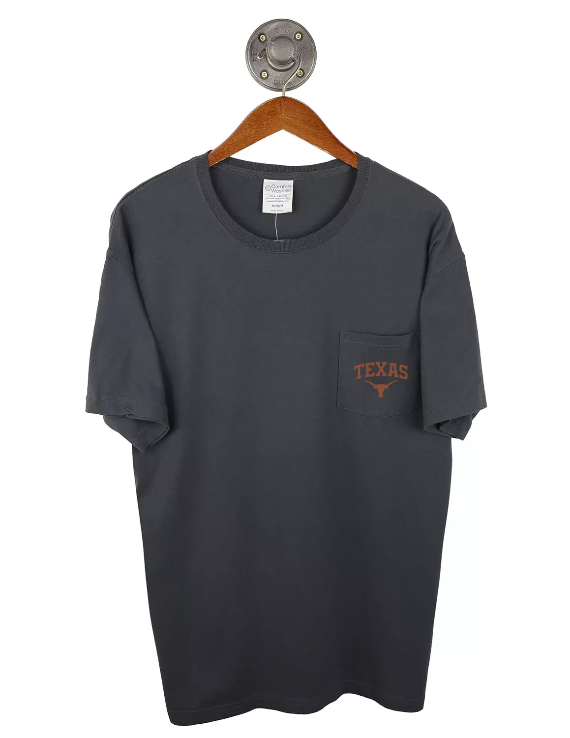 Dark grey University of Texas at Austin unisex pocket grandpa t-shirt with a small Texas Longhorns logo on the pocket. 