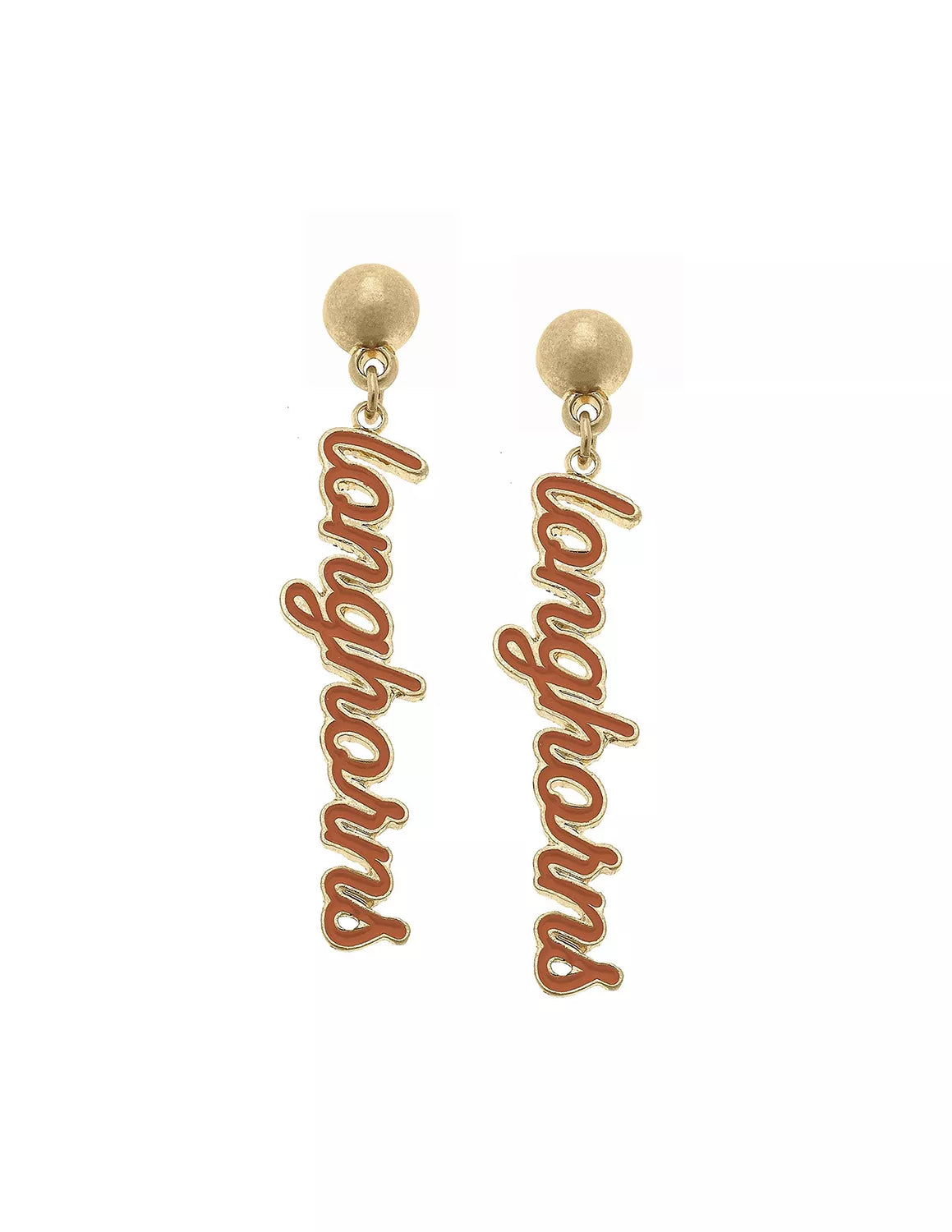 Gold University of Texas at Austin enamel earrings that features a "longhorns" script text with burnt orange lettering. 