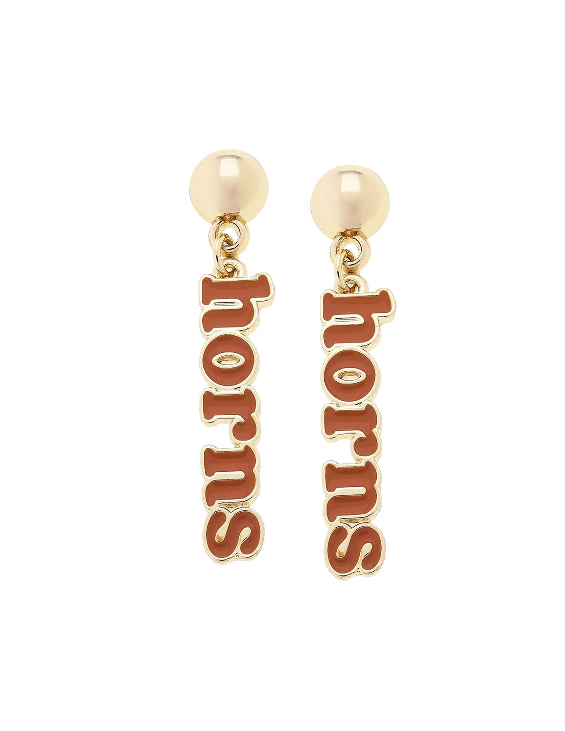 Gold University of Texas at Austin earrings that features "horns" text in burnt orange. 