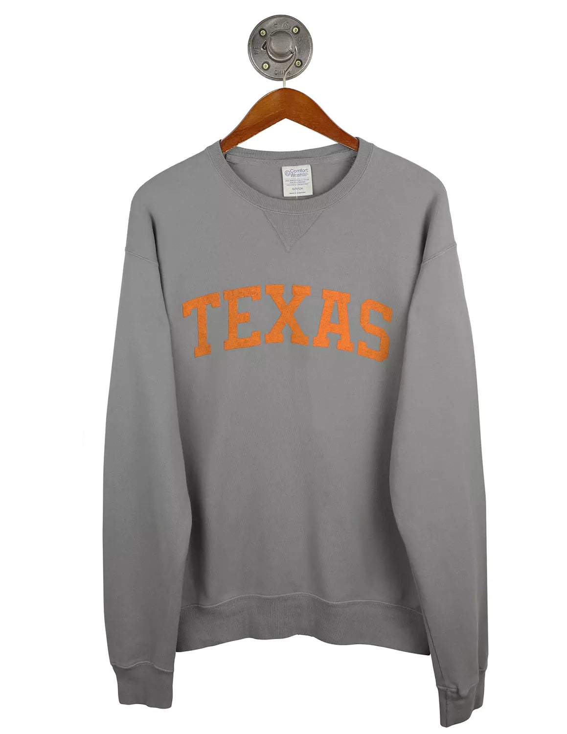 Grey unisex University of Texas at Austin crewneck sweatshirt with orange lettering. 