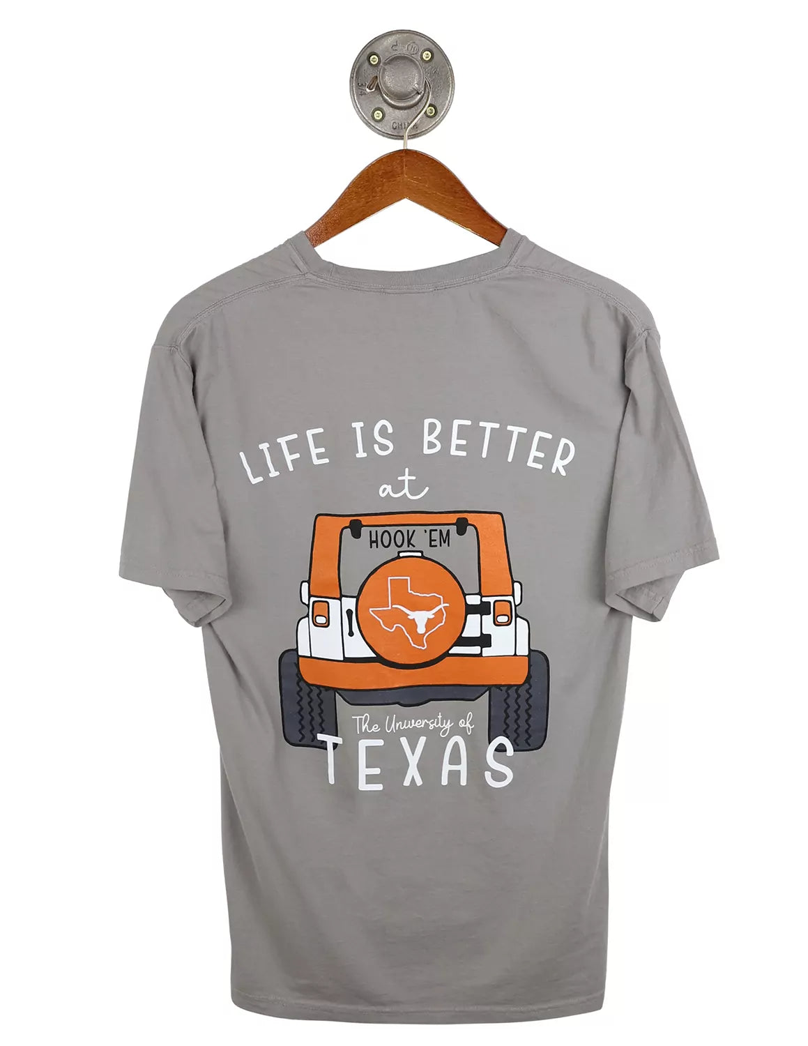 Grey University of Texas at Austin unisex t-shirt with a graphic of a orange and white jeep and white lettering on the back. 