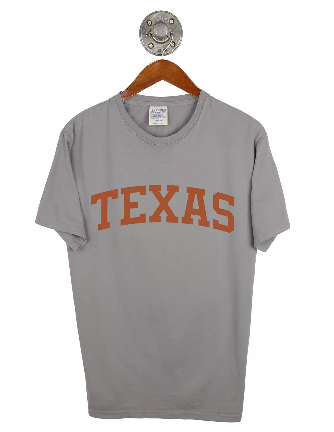 Grey unisex University of Texas at Austin t-shirt with orange lettering. 
