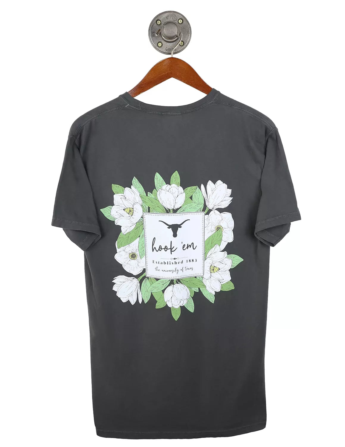 Grey University of Texas at Austin unisex t-shirt featuring a white and green floral graphic and Longhorn logo on the back. 