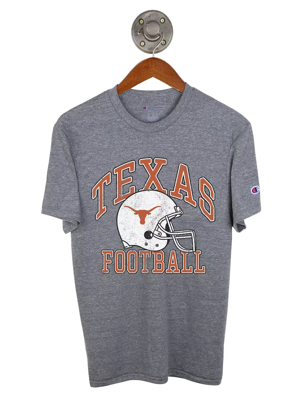 Heather grey University of Texas at Austin unisex Champion t-shirt with a football helmet graphic and burnt orange lettering. 