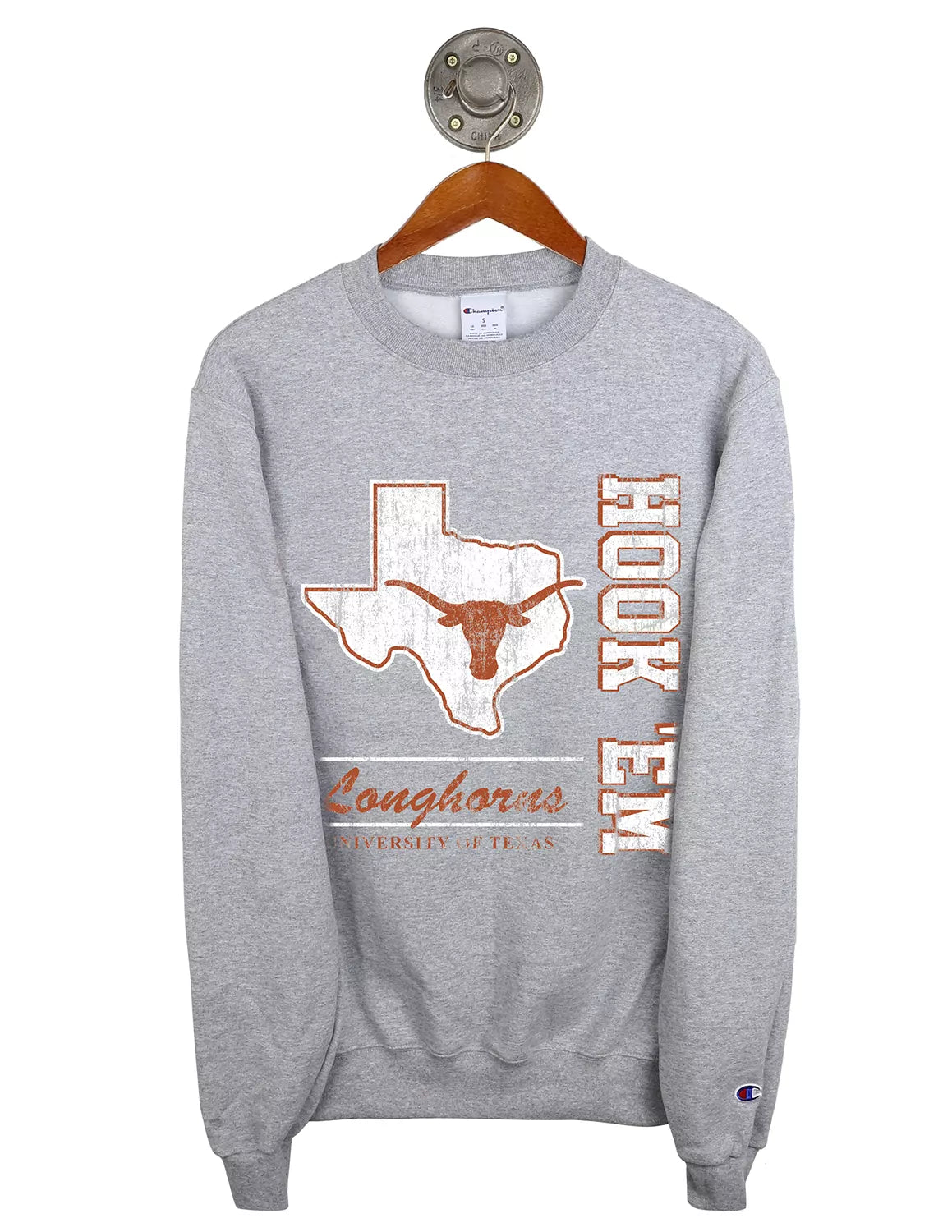 Heather grey unisex University of Texas at Austin Champion crewneck sweatshirt with a Texas Longhorns logo and orange and black lettering. 