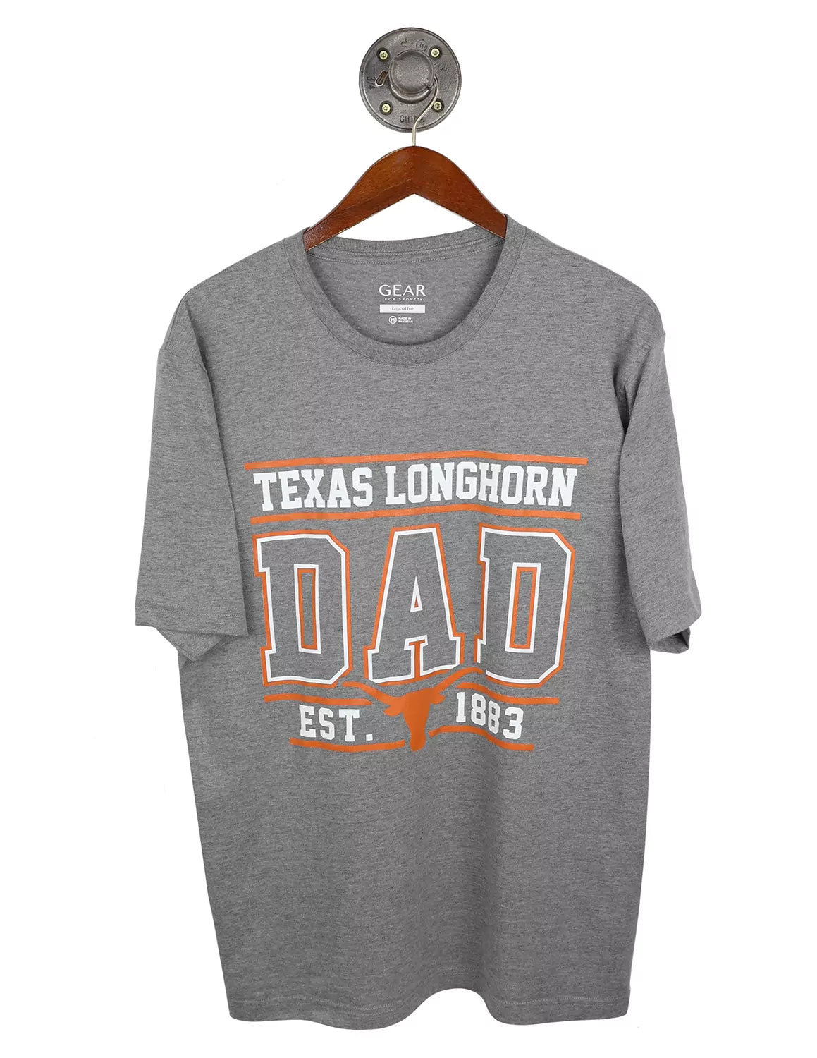 Heather grey University of Texas at Austin unisex dad t-shirt with white and burnt orange lettering. 