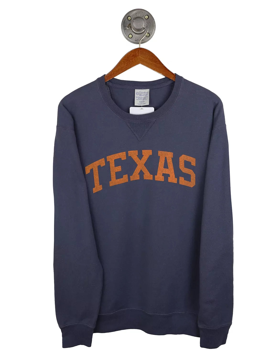 Navy unisex University of Texas at Austin crewneck sweatshirt with orange lettering. 