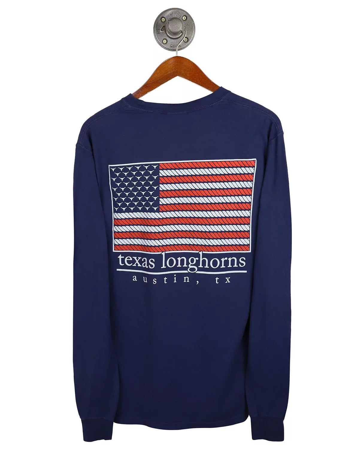 Navy University of Texas at Austin unisex long-sleeve t-shirt with an American Flag and white lettering on the back of the shirt. 