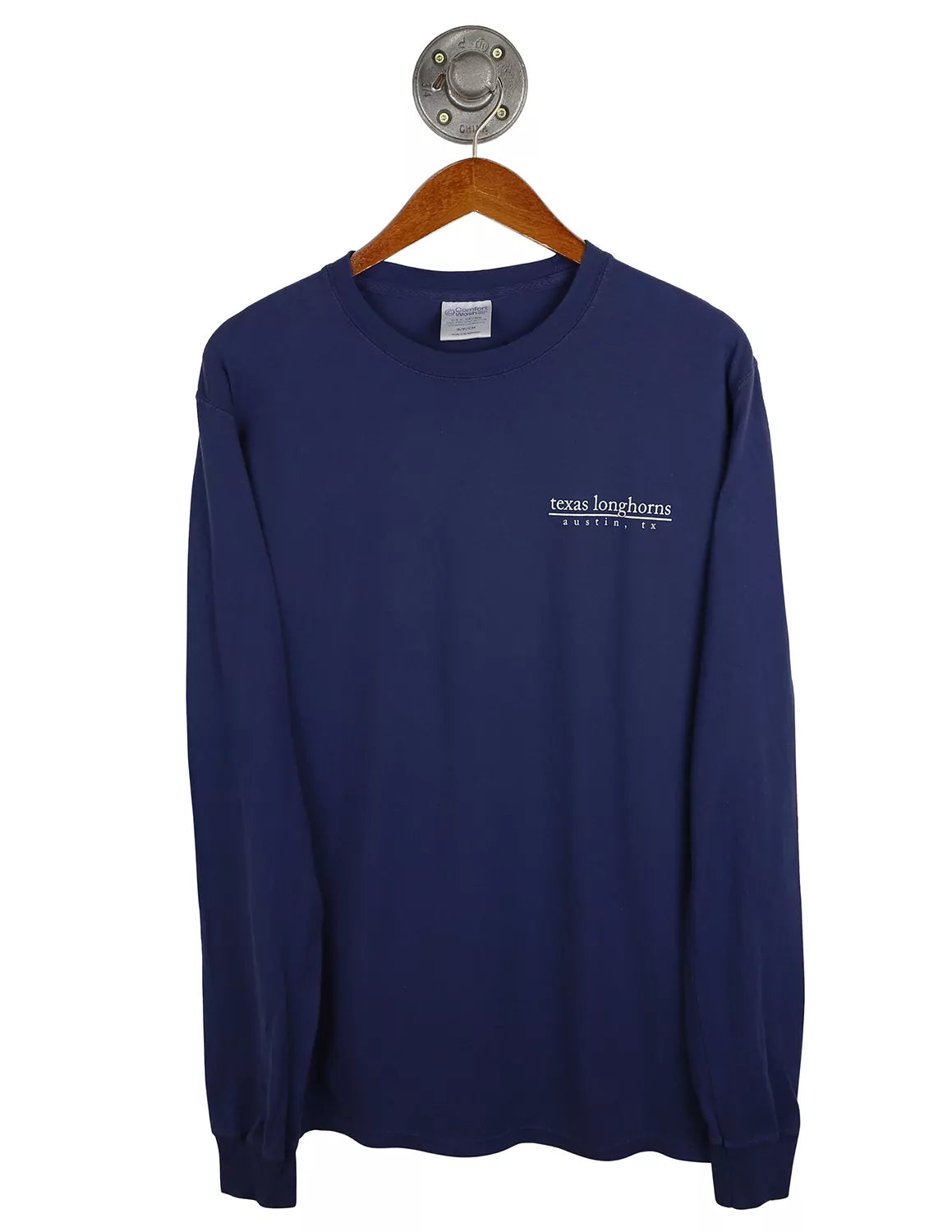 Navy University of Texas at Austin unisex long-sleeve t-shirt with white lettering on the left chest. 