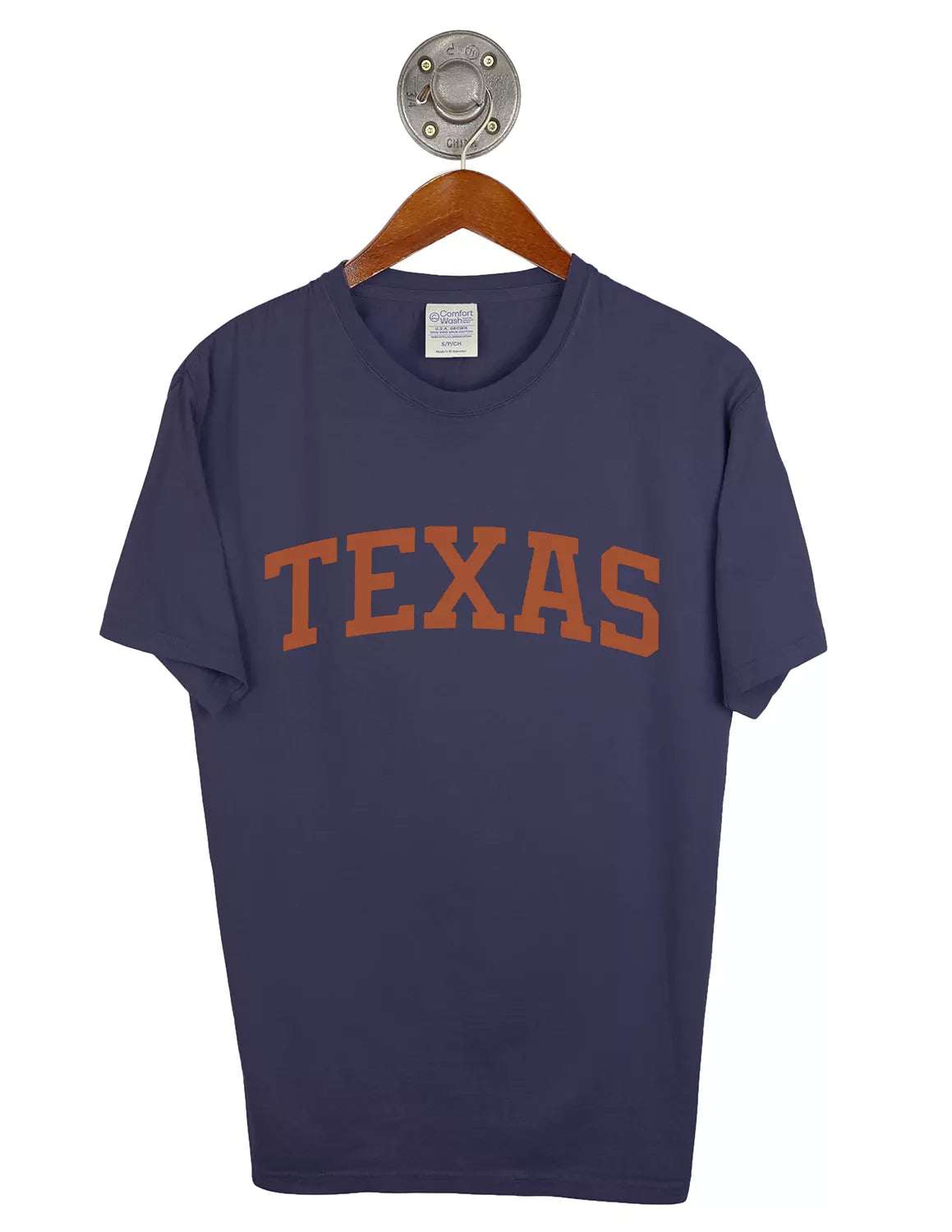 Navy unisex University of Texas at Austin t-shirt with orange lettering. 