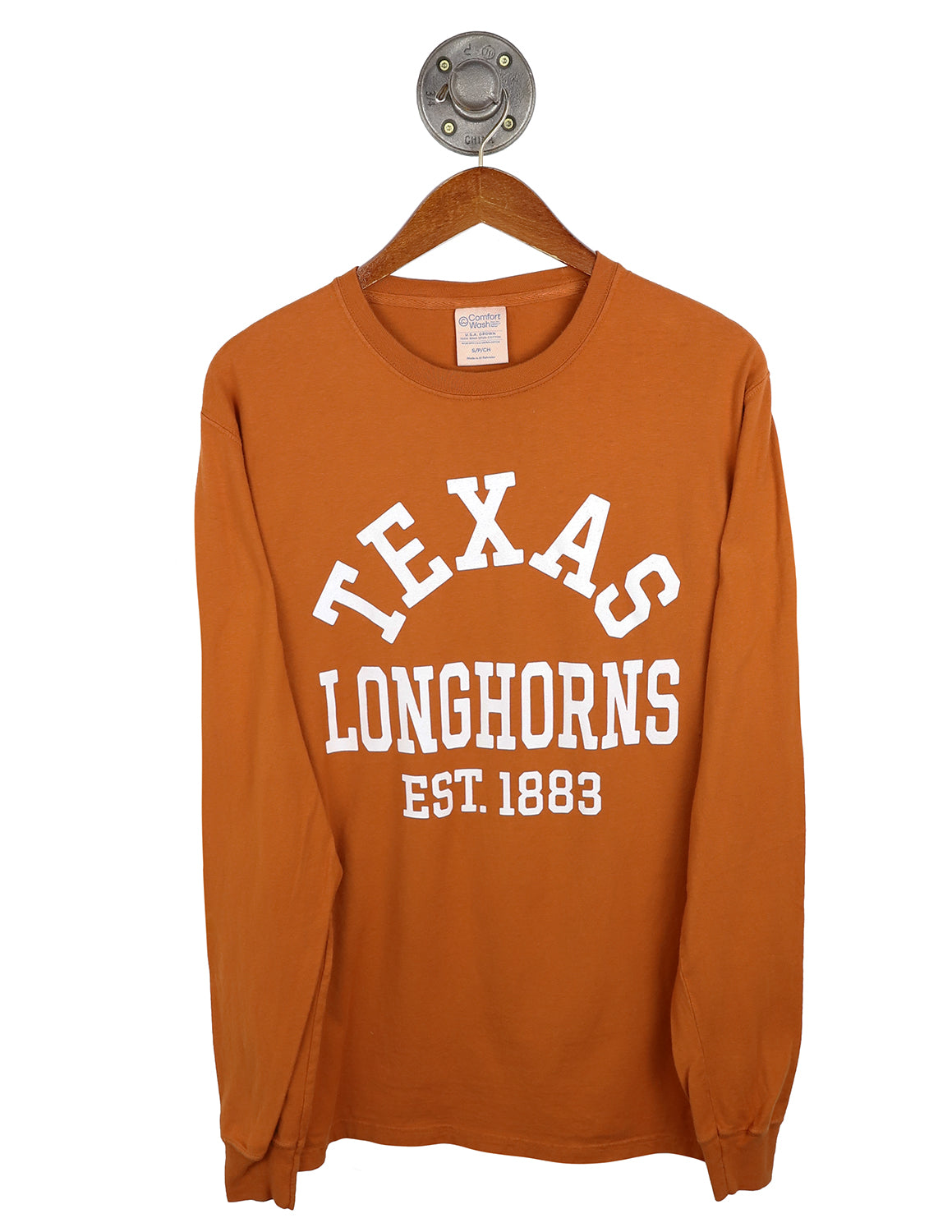 Burnt orange unisex University of Texas at Austin long-sleeve t-shirt with 'Texas Longhorn' lettering. 