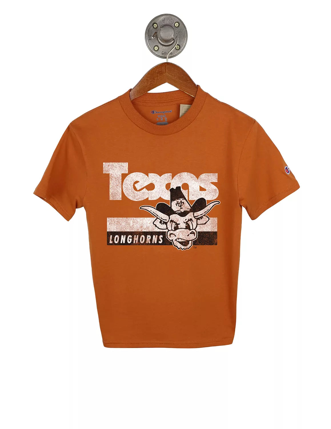 Burnt orange University of Texas at Austin Champion youth t-shirt with a Texas Longhorns logo and white lettering.