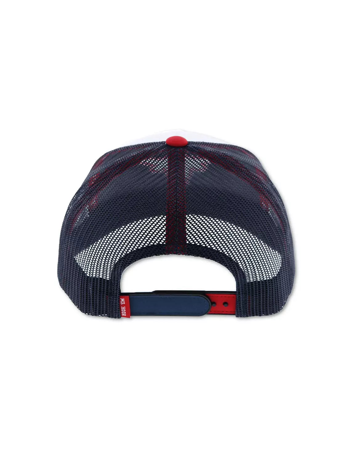 Back-view of University of Texas at Austin unisex Hooey trucker hat that features a snapback. 