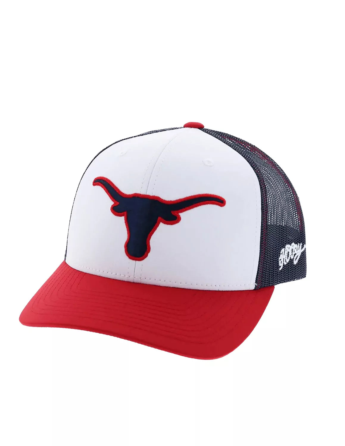 Red, white, and blue University of Texas at Austin unisex Hooey trucker hat that features a longhorn print on the front. 