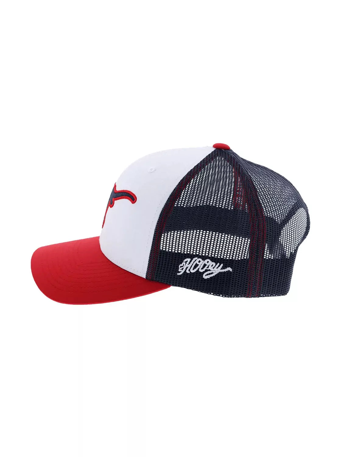 Side-view of red, white, and blue University of Texas at Austin unisex Hooey Trucker hat featuring white stitching. 