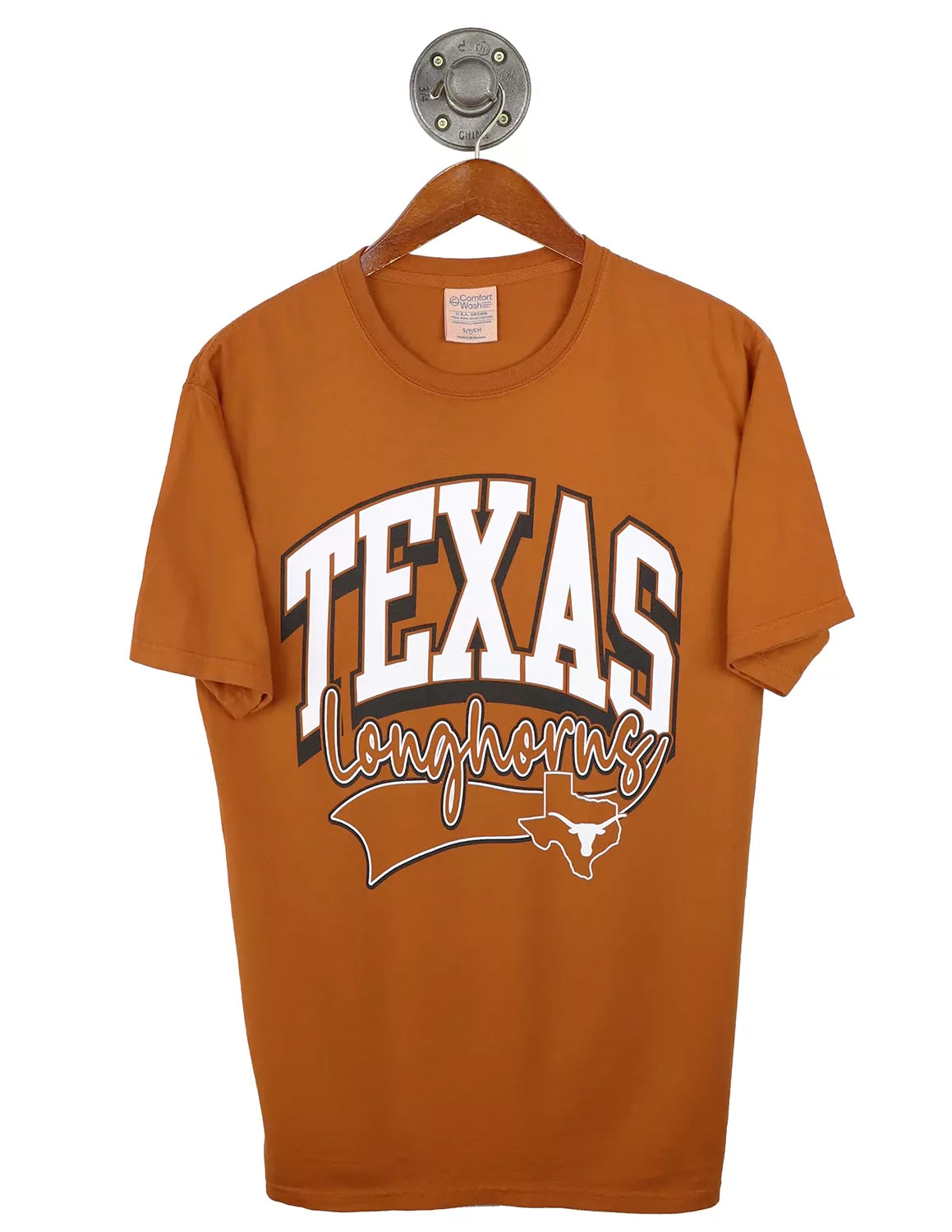 Texas orange University of Texas at Austin unisex t-shirt with black and white lettering and a white Texas Longhorn logo. 