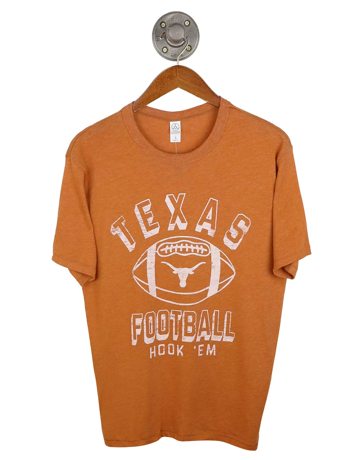 Texas Orange University of Texas at Austin unisex t-shirt with a football graphic and white lettering. 