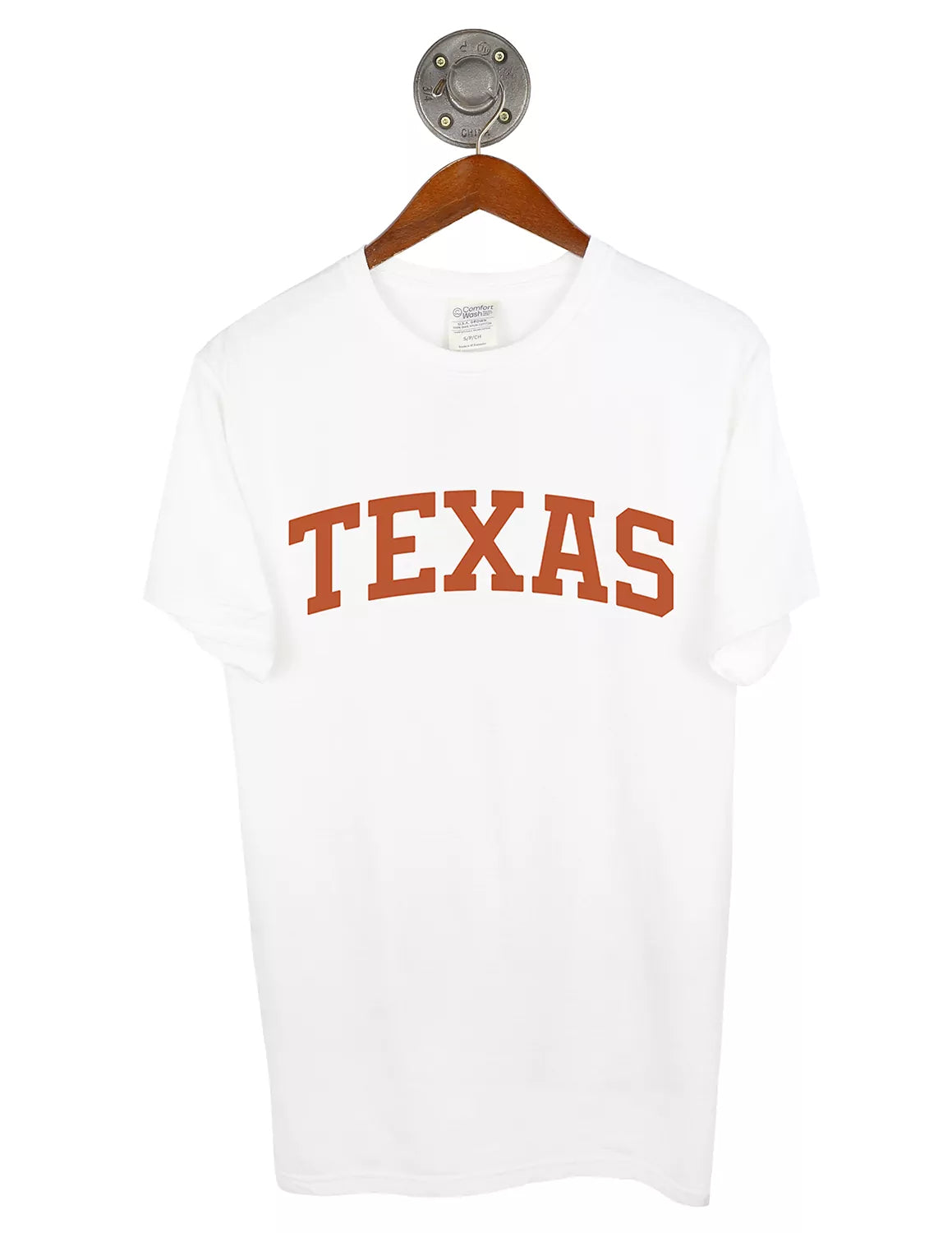 White unisex University of Texas at Austin t-shirt with orange lettering.