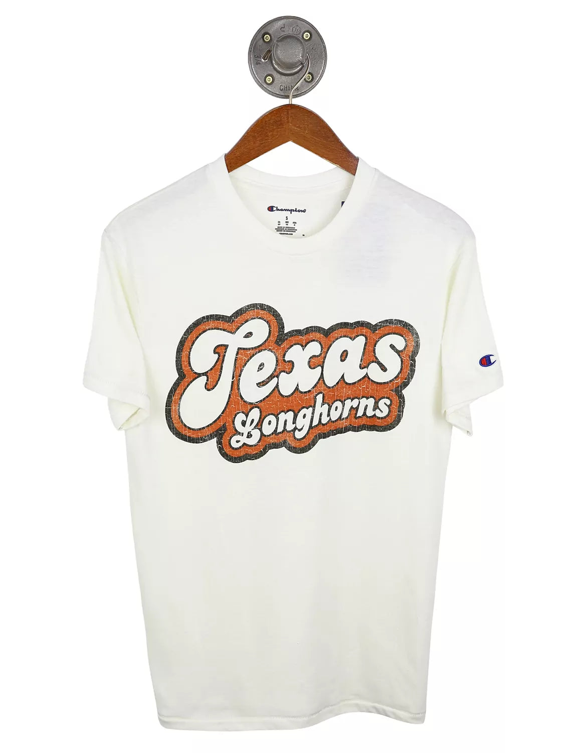White University of Texas at Austin unisex Champion t-shirt with black and burnt orange lettering. 