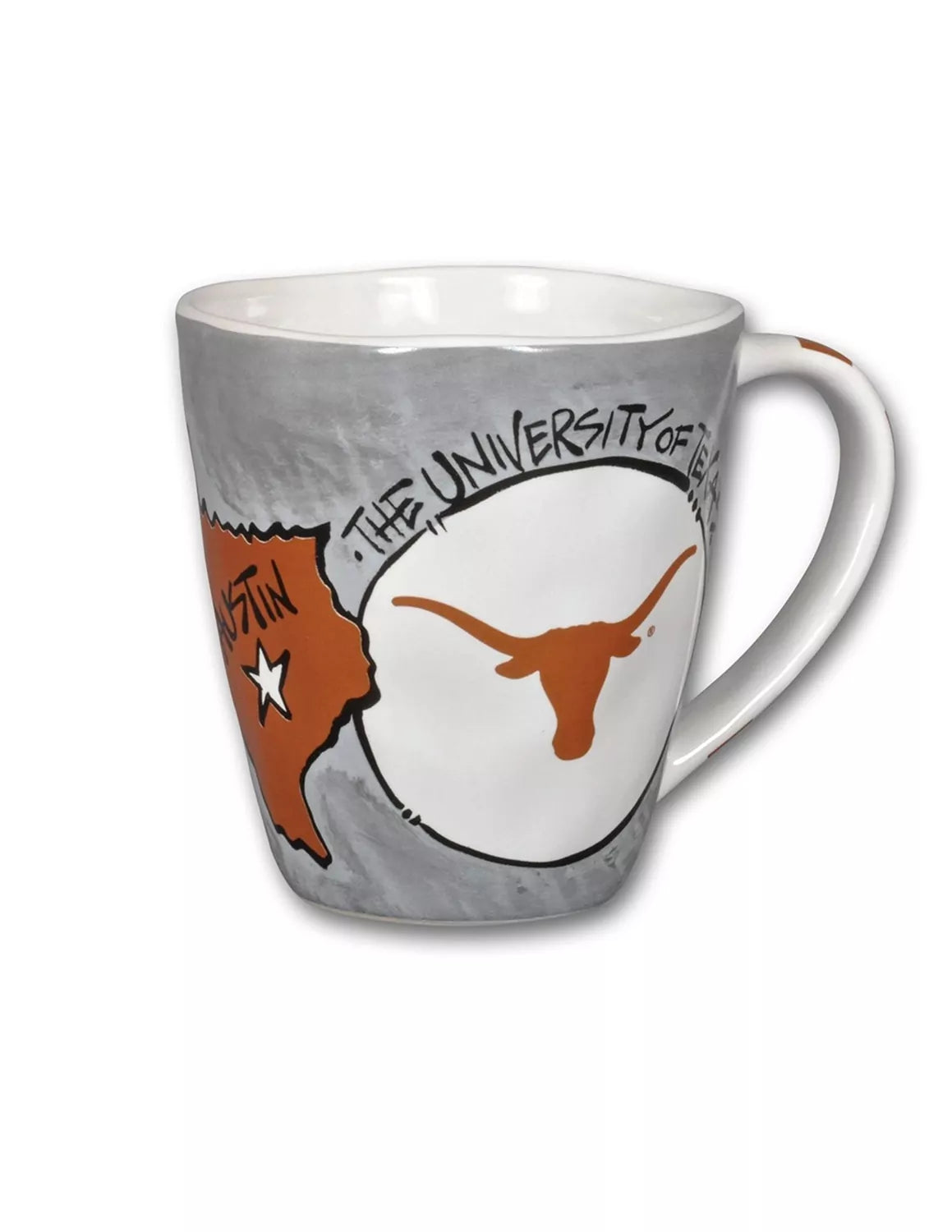 Back-view of white University of Texas at Austin ceramic mug that features various UT graphics. 
