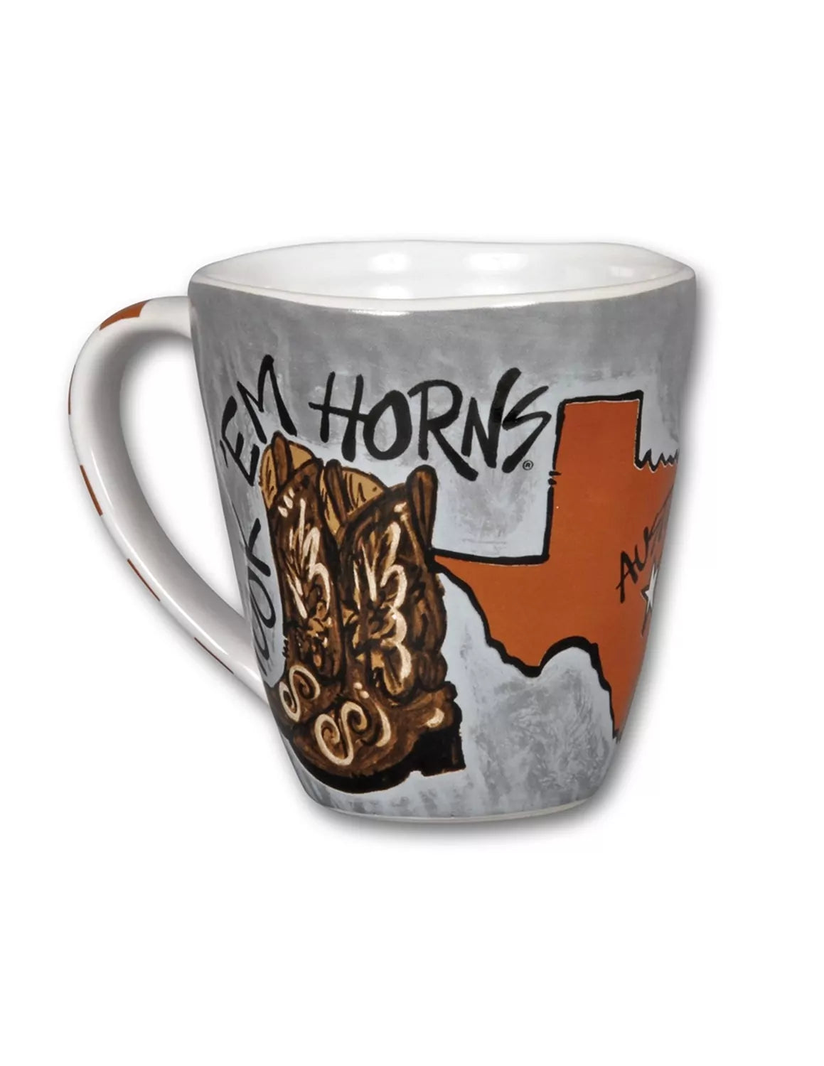 White University of Texas at Austin ceramic mug that features various UT graphics. 