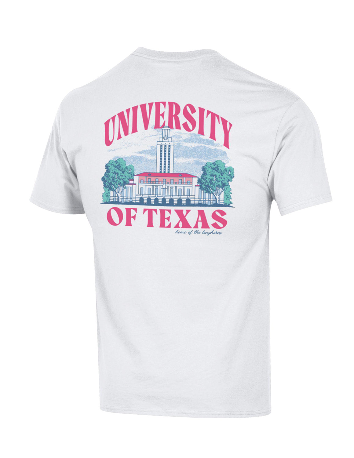 Back-view of white University of Texas at Austin unisex Champion t-shirt featuring pink lettering and a UT landmark graphic. 