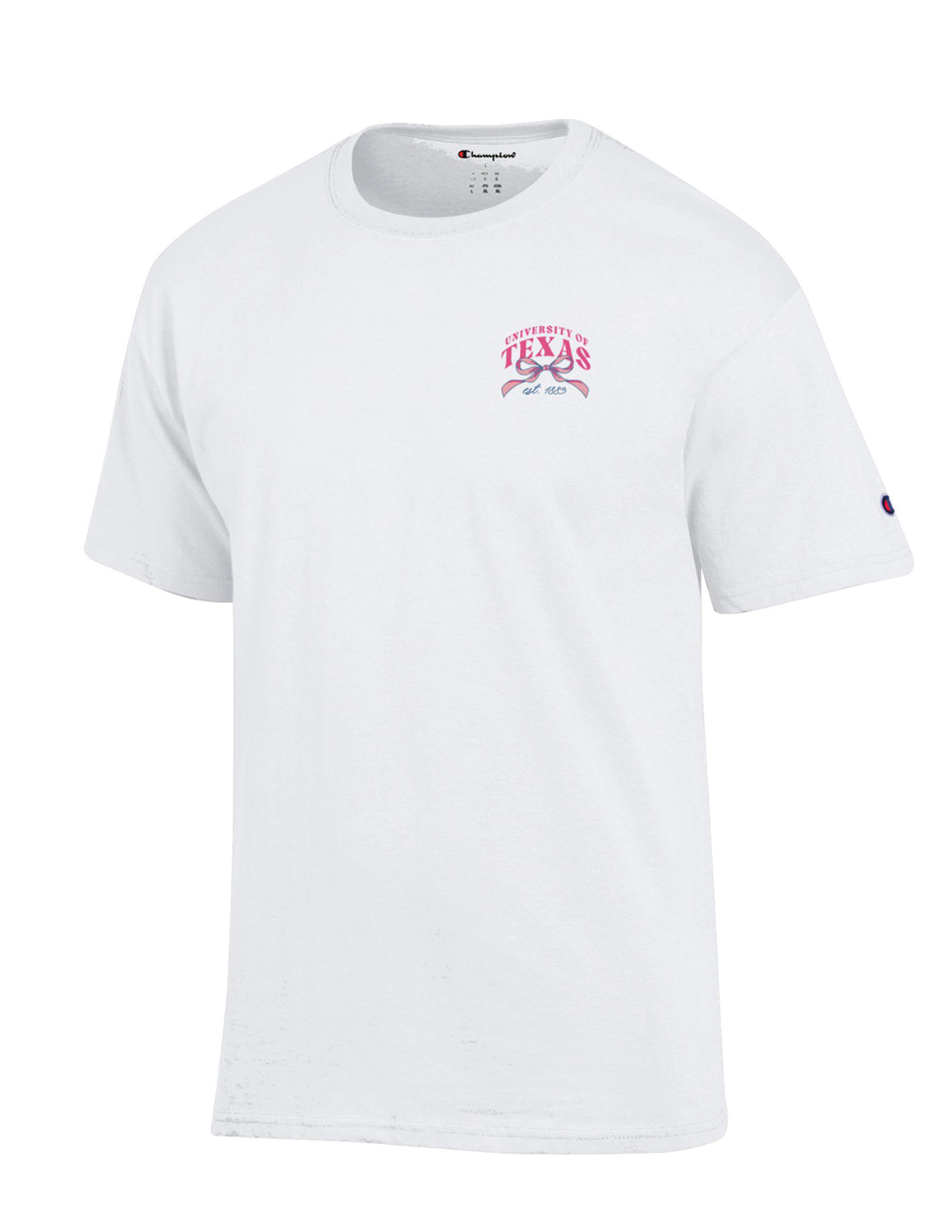 White University of Texas at Austin unisex Champion t-shirt featuring a left chest design of pink lettering and a bow graphic underneath. 