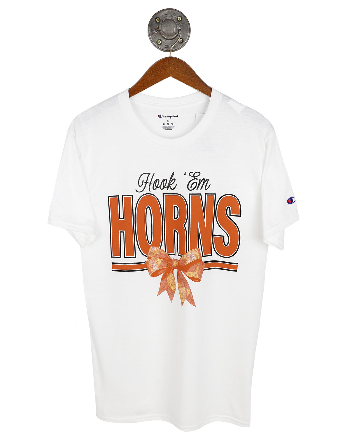 White University of Texas at Austin unisex Champion t-shirt that features orange and black lettering with a bow graphic underneath. 