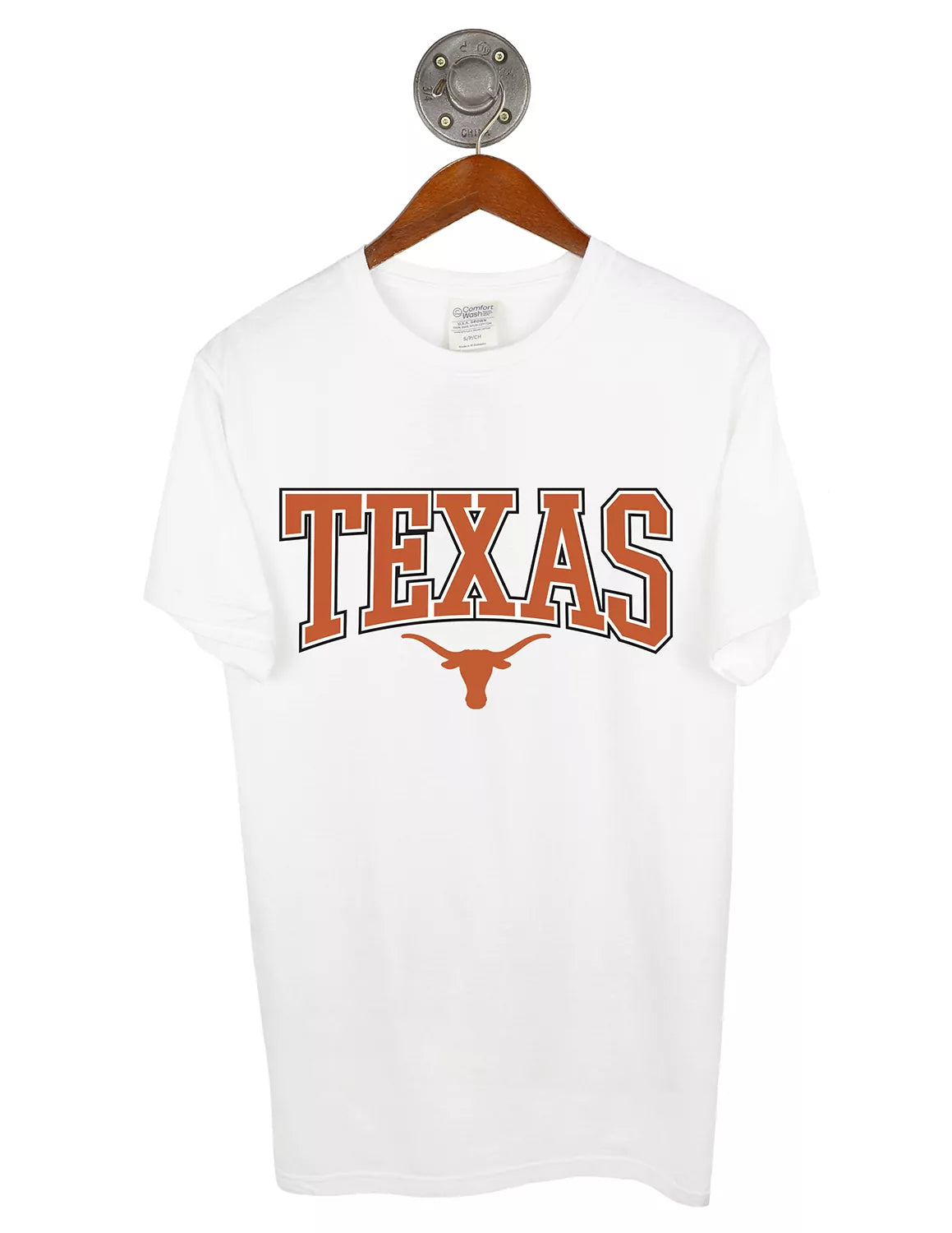 White University of Texas at Austin unisex t-shirt with burnt orange lettering and Longhorn logo underneath. 