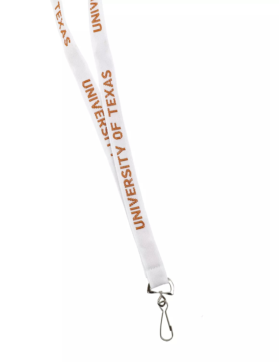 White University of Texas at Austin woven lanyard that features burnt orange stitching. 
