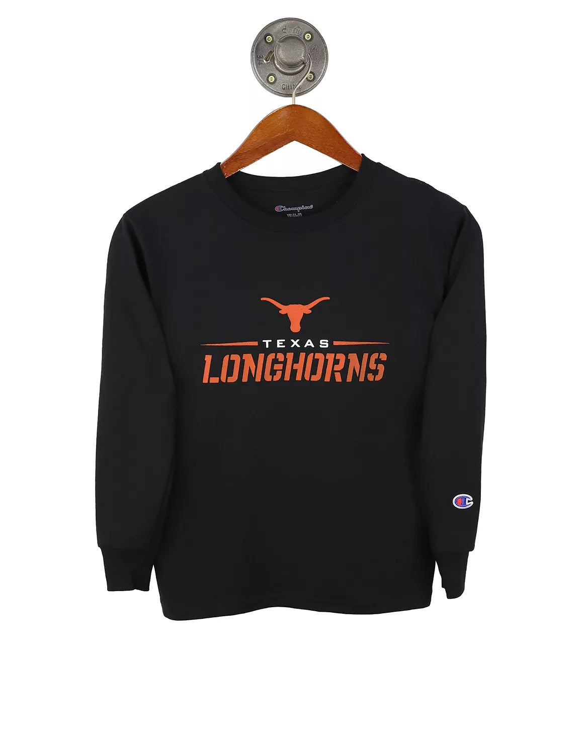 Black University of Texas at Austin  Champion youth long-sleeve with a Longhorn logo and white and burnt orange lettering. 