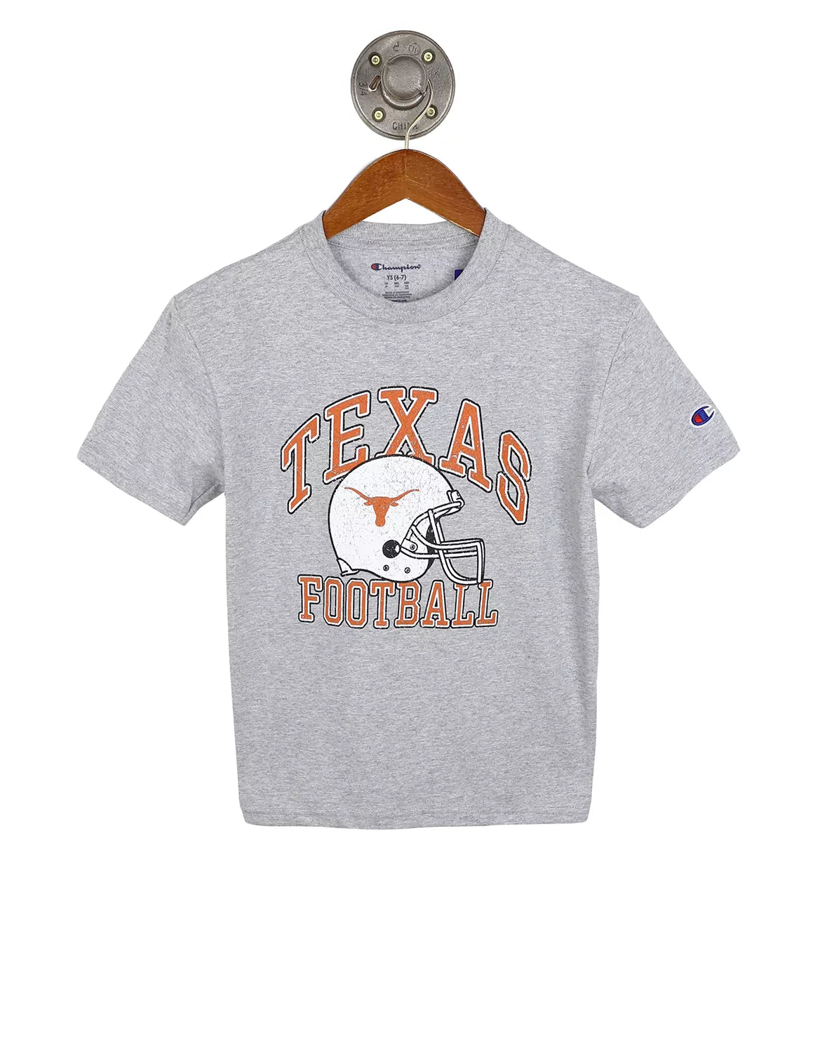 Heather grey University of Texas at Austin youth t-shirt with a football helmet graphic.