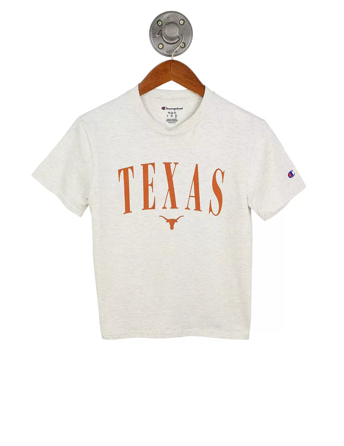 Heather white University of Texas at Austin youth Champion t-shirt with burnt orange lettering. 