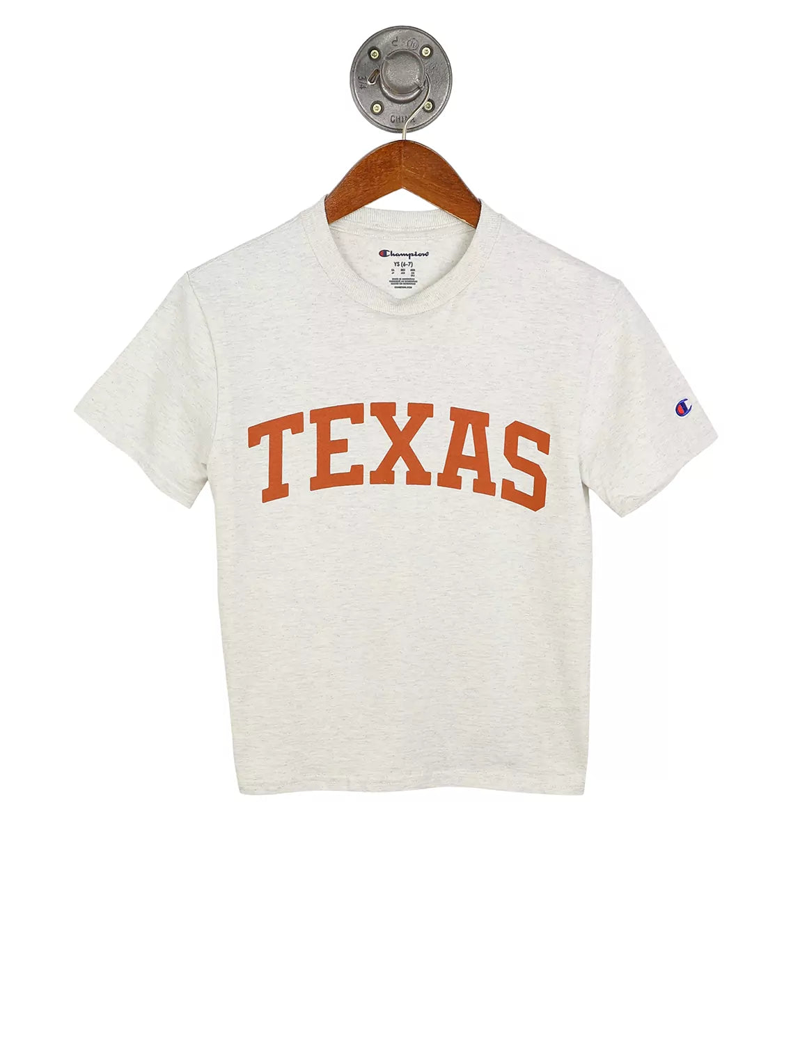 Heather white youth University of Texas at Austin t-shirt with burnt orange lettering. 