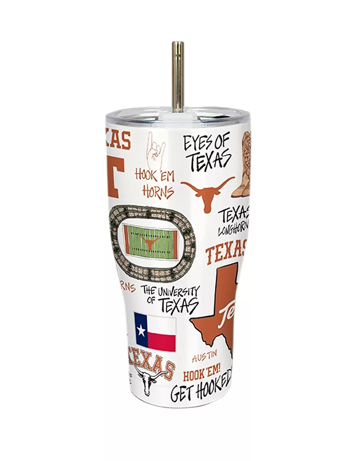 White University of Texas at Austin metal tumbler featuring a collage of UT Austin landmarks and university icons with a metal straw. 